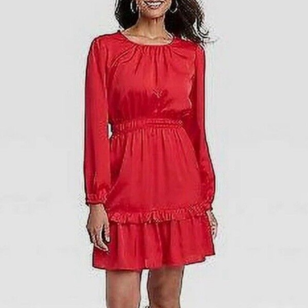 Knox Rose Tiered Long Sleeve Satin Dress In Riviera Red size L